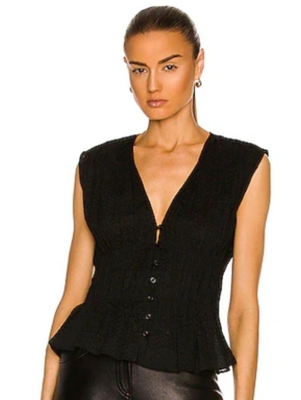 $299 FRAME Women Black Ruched V-Neck Sleeveless Cotton Blouse Size Lg